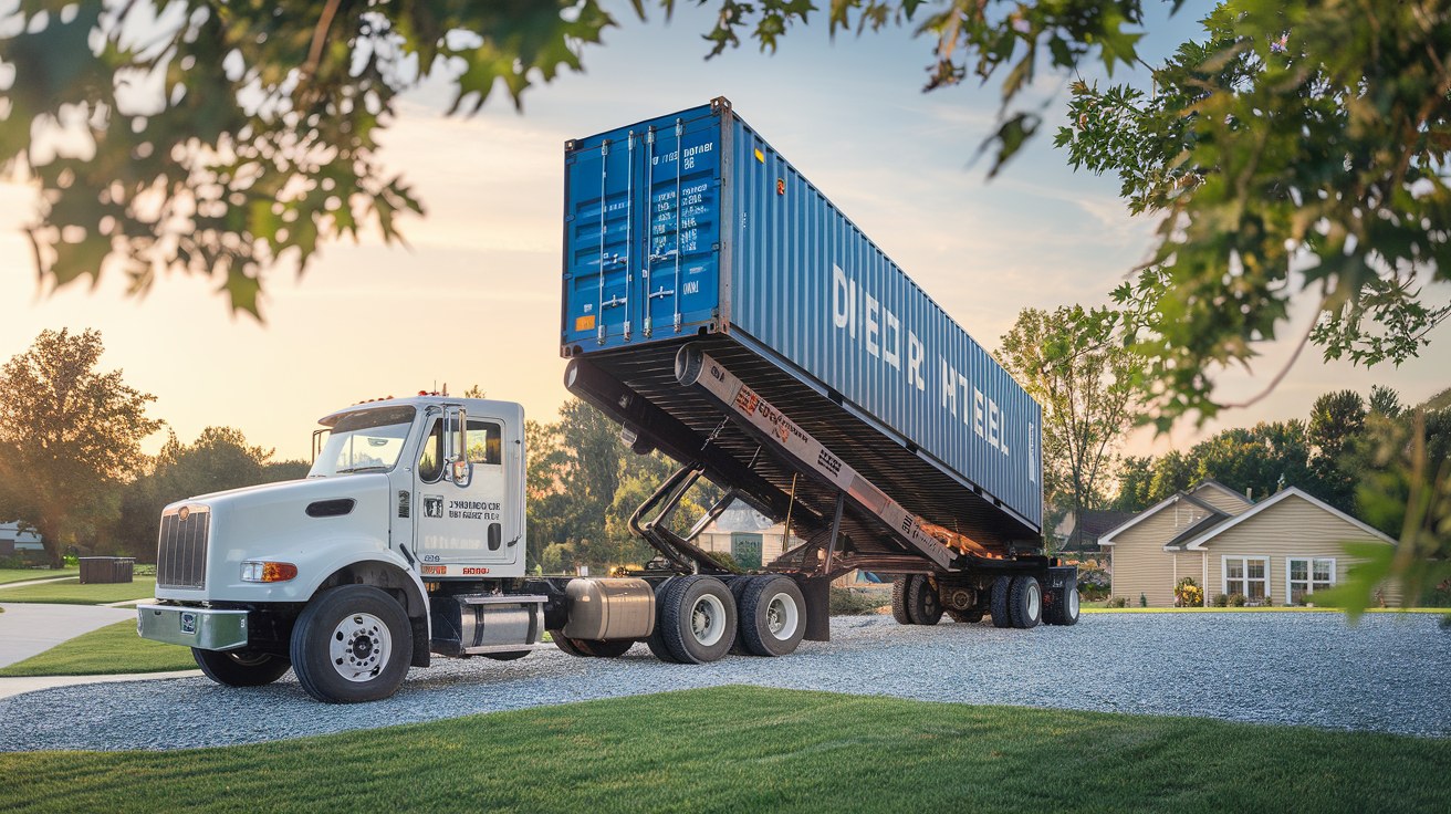 A tilt-bed delivery truck placing a shipping container on a residential gravel pad, illustrating how ocean freight costs ultimately reach the delivered price at a buyer's site.