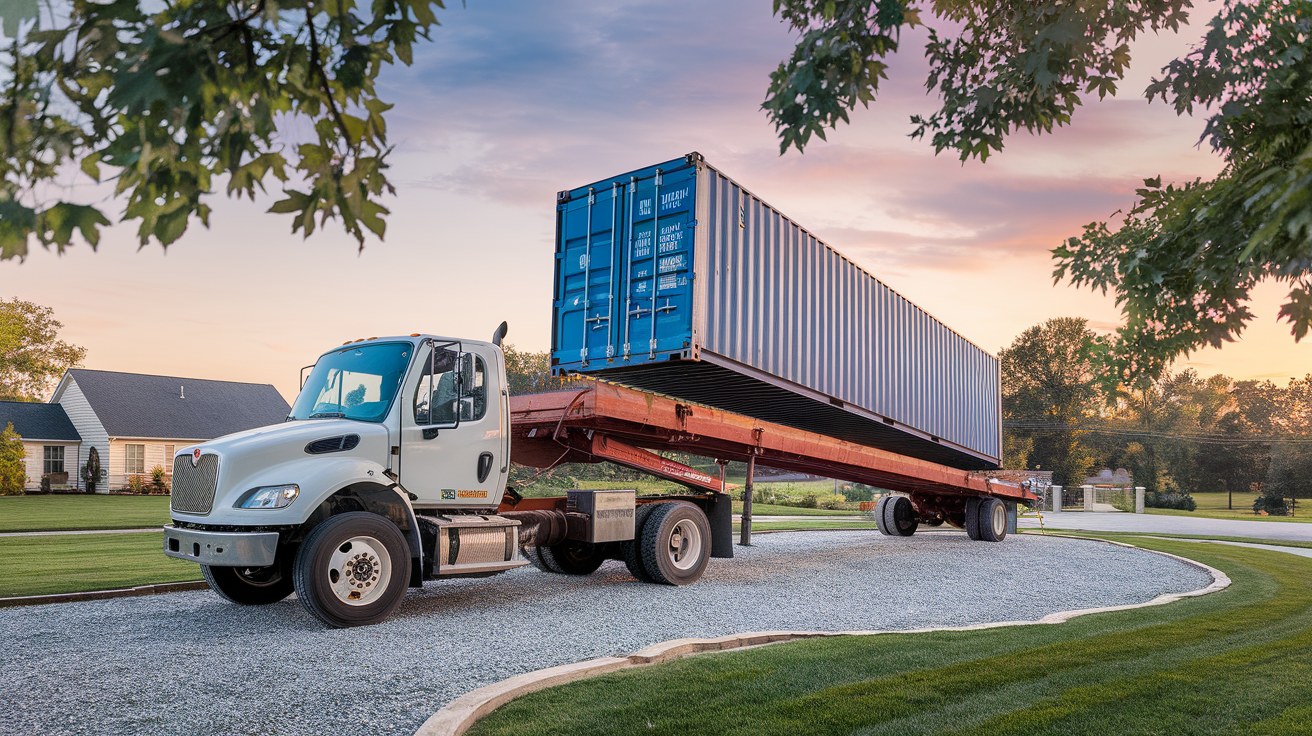 A tilt-bed delivery truck placing a 20-foot shipping container on a prepared gravel pad at a residential site, illustrating delivery planning in a cooler container market.