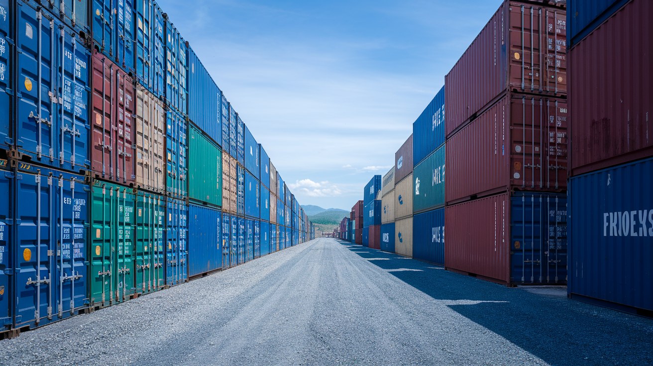 Long rows of weathered used shipping containers stacked in a U.S. resale depot, illustrating the domestic used inventory that carries no exposure to the new import duties.