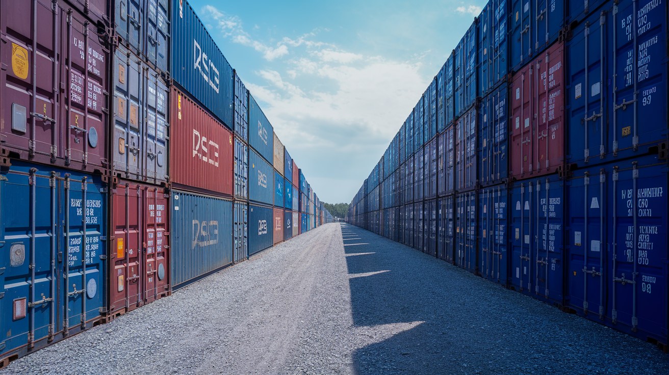 Rows of used shipping containers stacked in a U.S. resale depot, illustrating the domestic used inventory that is exempt from the late-July 2026 import duties.