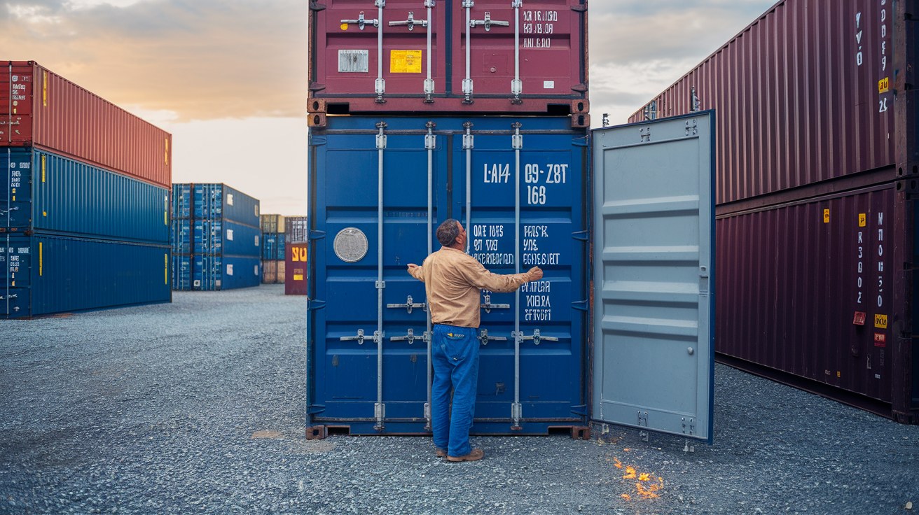 A buyer comparing a 40-foot high cube and a 20-foot shipping container side by side in a dealer's sales yard on a late-summer afternoon.