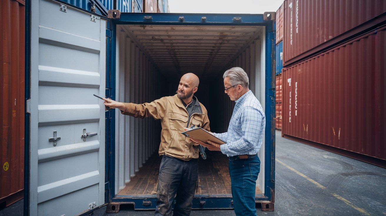 A buyer and a container dealer inspecting the open doors of a used 20-foot shipping container in a sales yard, discussing condition and price.