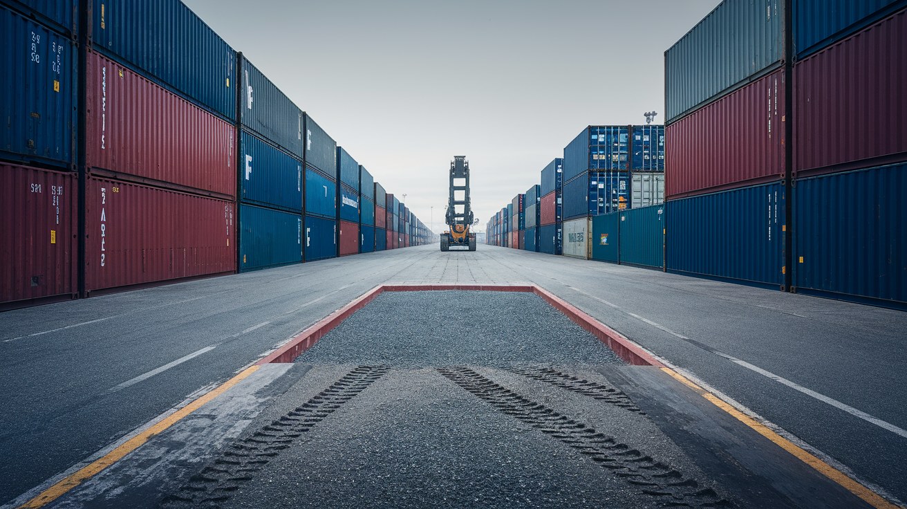 Rows of 20-foot shipping containers stacked two high in a North American container depot, with an empty ground slot in the foreground where units have been pulled.