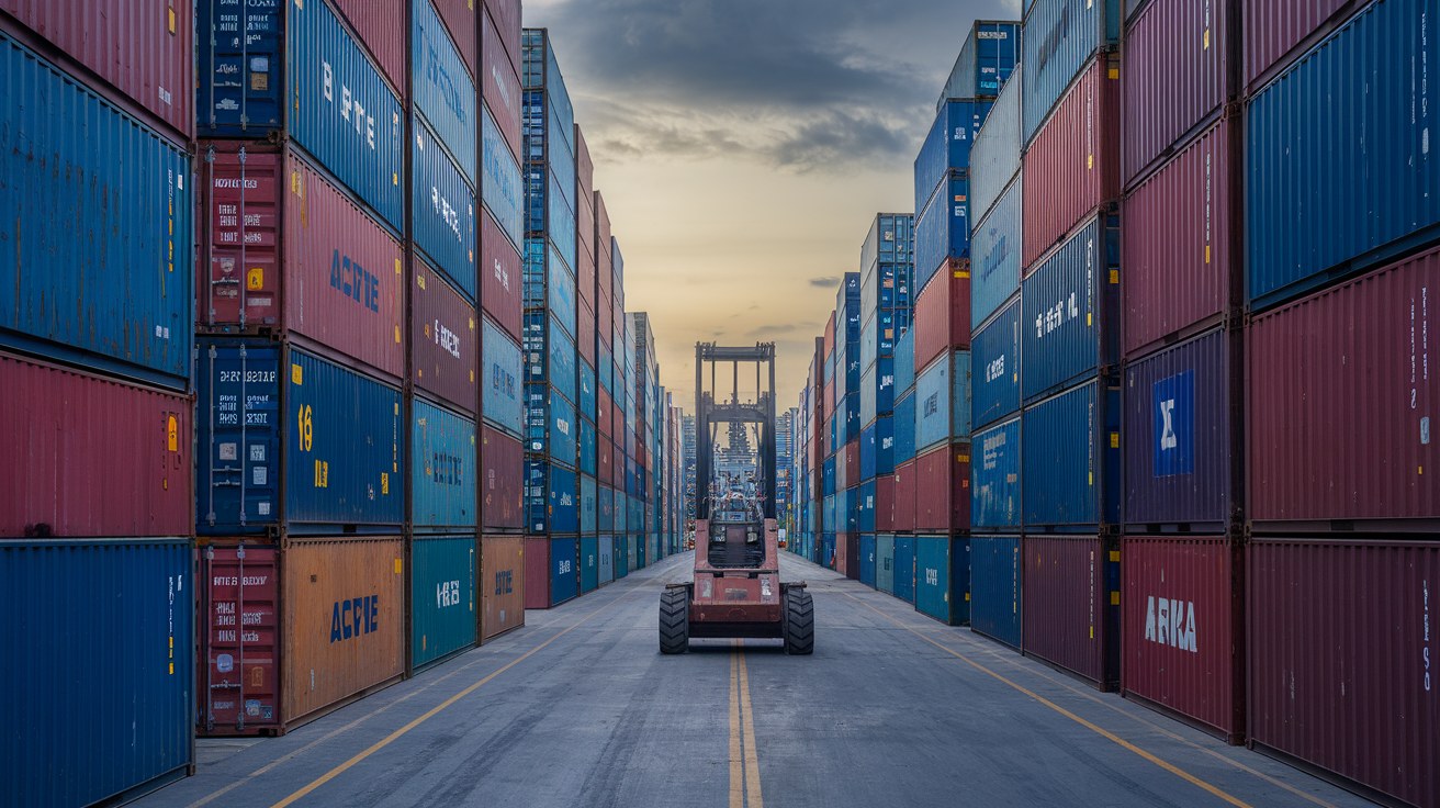 Rows of used shipping containers stacked at a crowded inland depot, with weathered paint and grading marks visible in late-summer light.