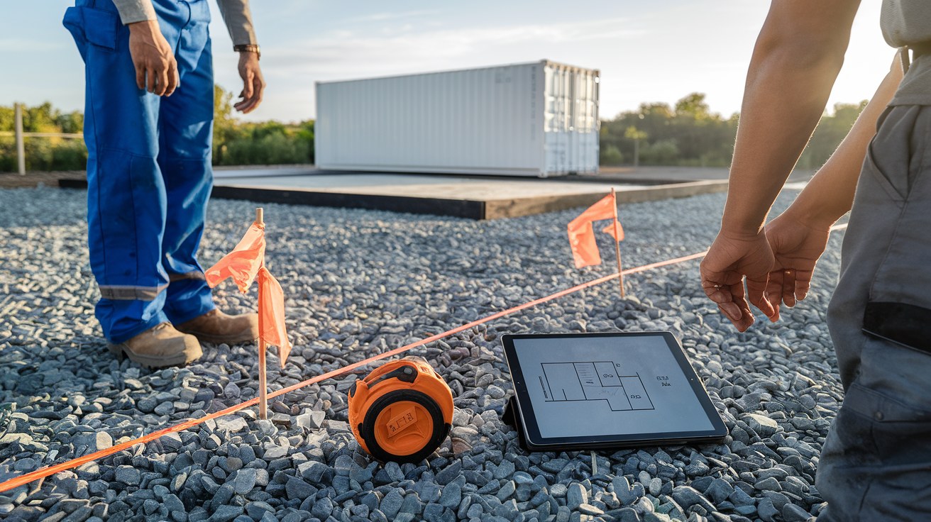 Buyer and dealer reviewing a container placement plan on a tablet at a gravel site, measuring tape and property stakes visible in the foreground.