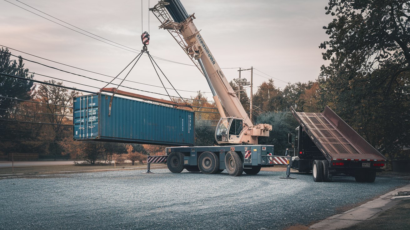 A mobile crane lifting a shipping container over a prepared gravel pad at a job site, with a tilt-bed truck parked nearby.