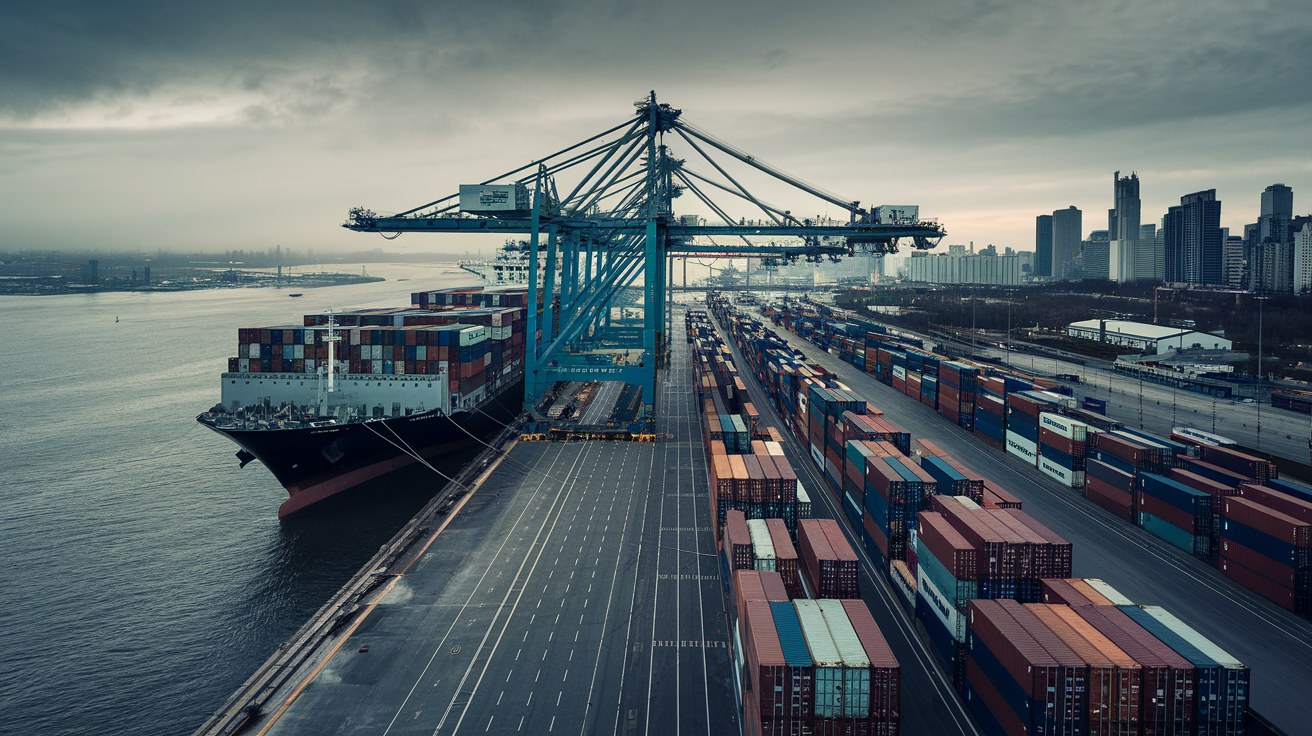 Aerial view of a container terminal on the U.S. East Coast with a partially filled vessel berthed alongside gantry cranes and rows of stacked containers.