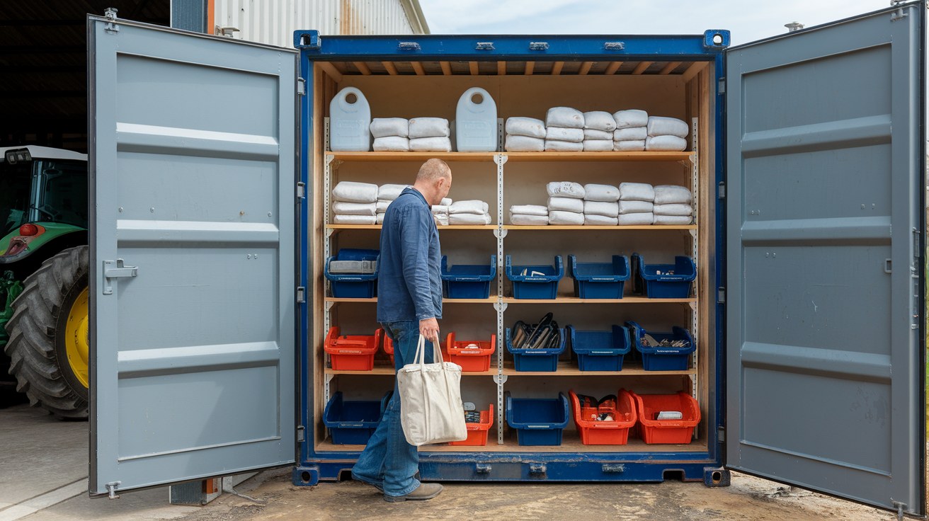 A shipping container positioned beside a farm machine shed with bagged seed, tools, and equipment parts staged for secure dry storage ahead of harvest.