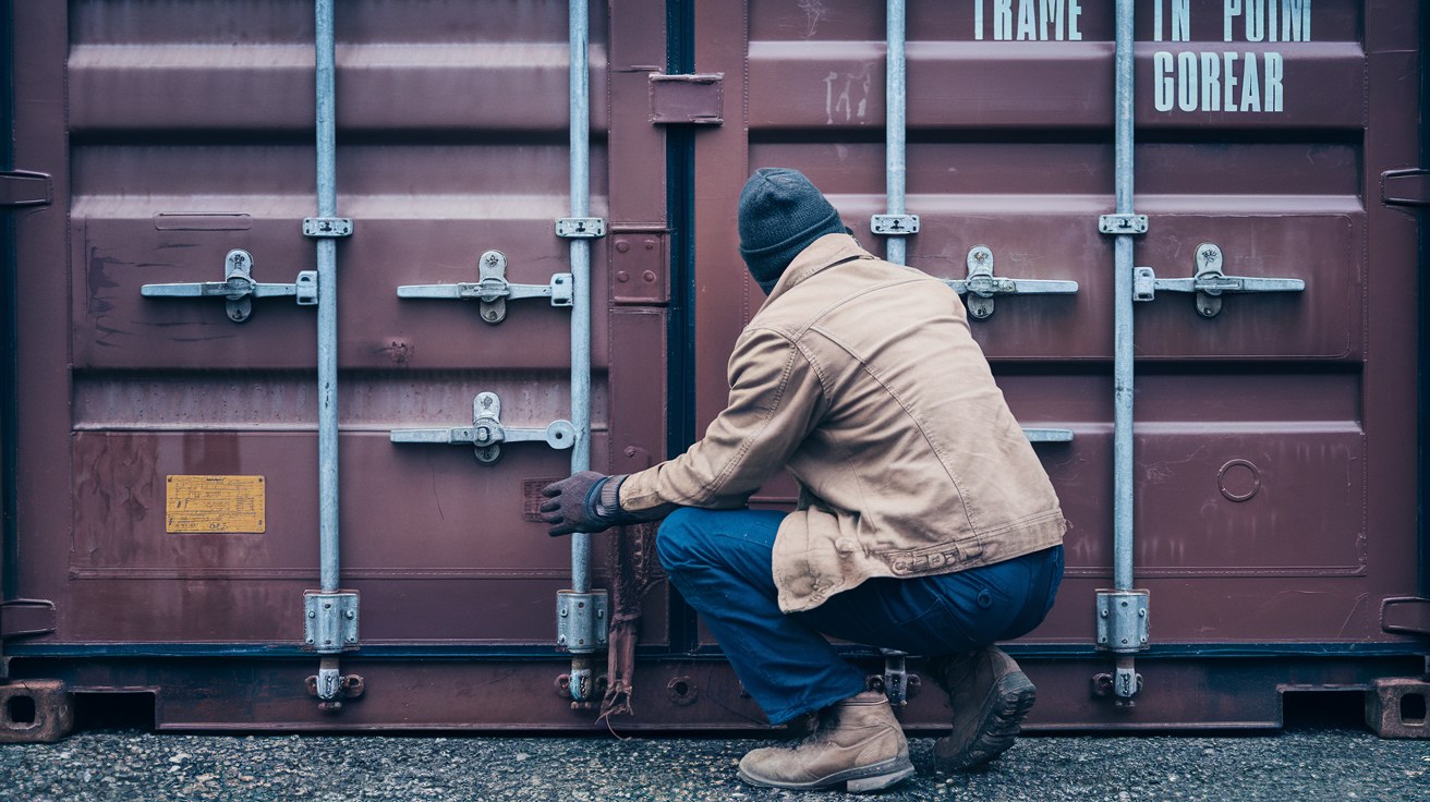A buyer inspecting the door gaskets and locking rods of a used 20-foot shipping container in a dealer yard on an overcast morning.