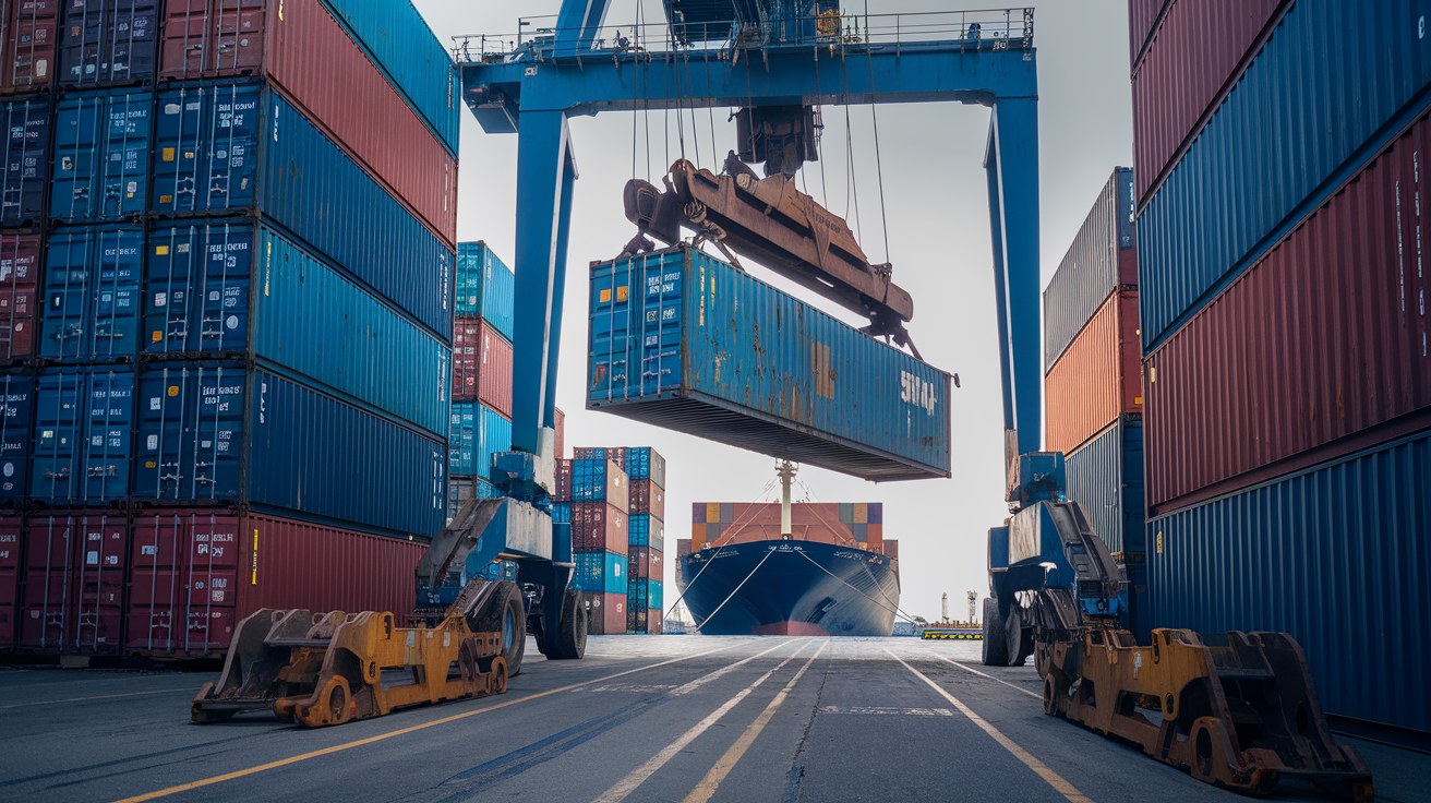 Stacked used 40-foot high cube containers being loaded onto a container ship at a West Coast port terminal, with a gantry crane lifting one unit.
