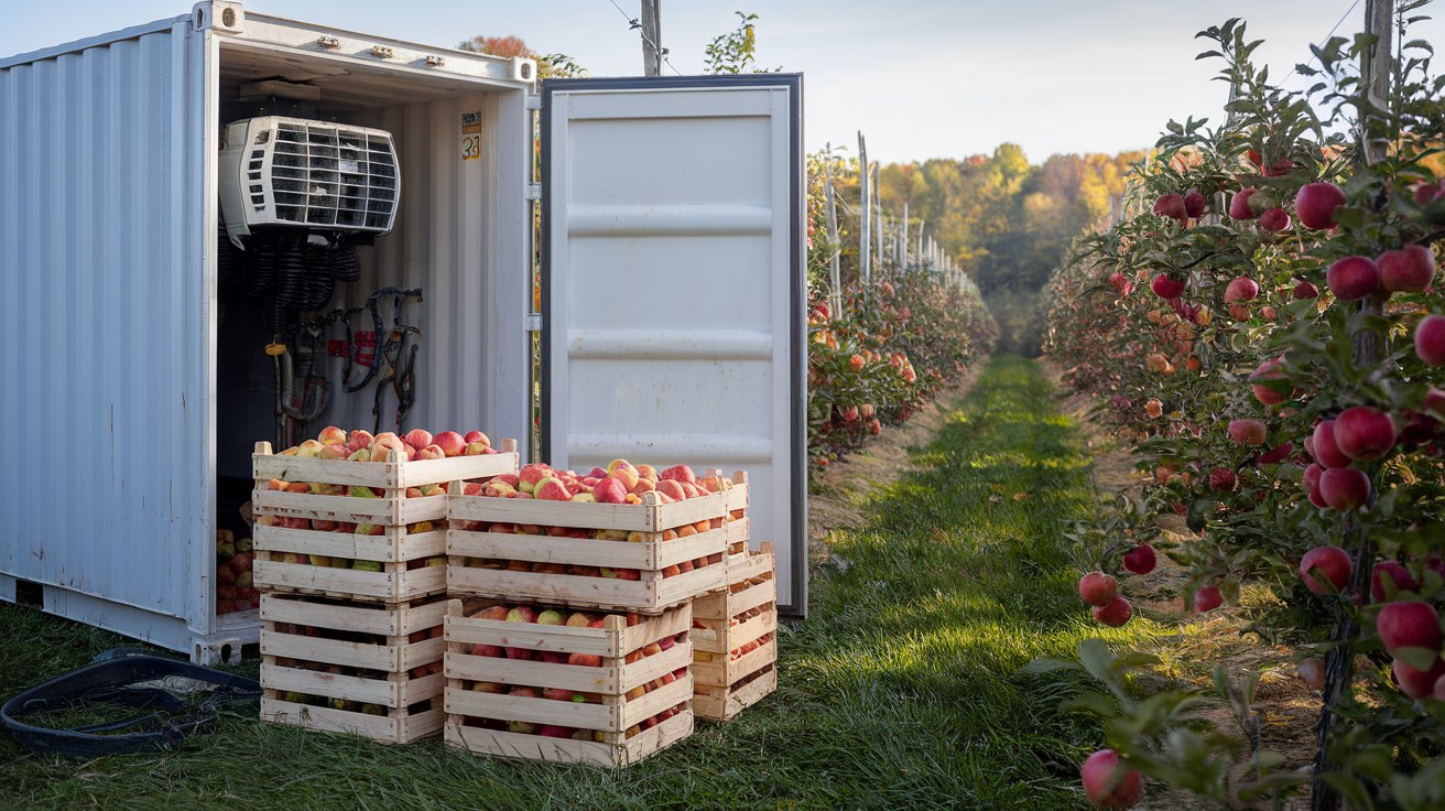 A refrigerated shipping container at a Northeast orchard with crates of freshly harvested apples staged beside it for cold storage.