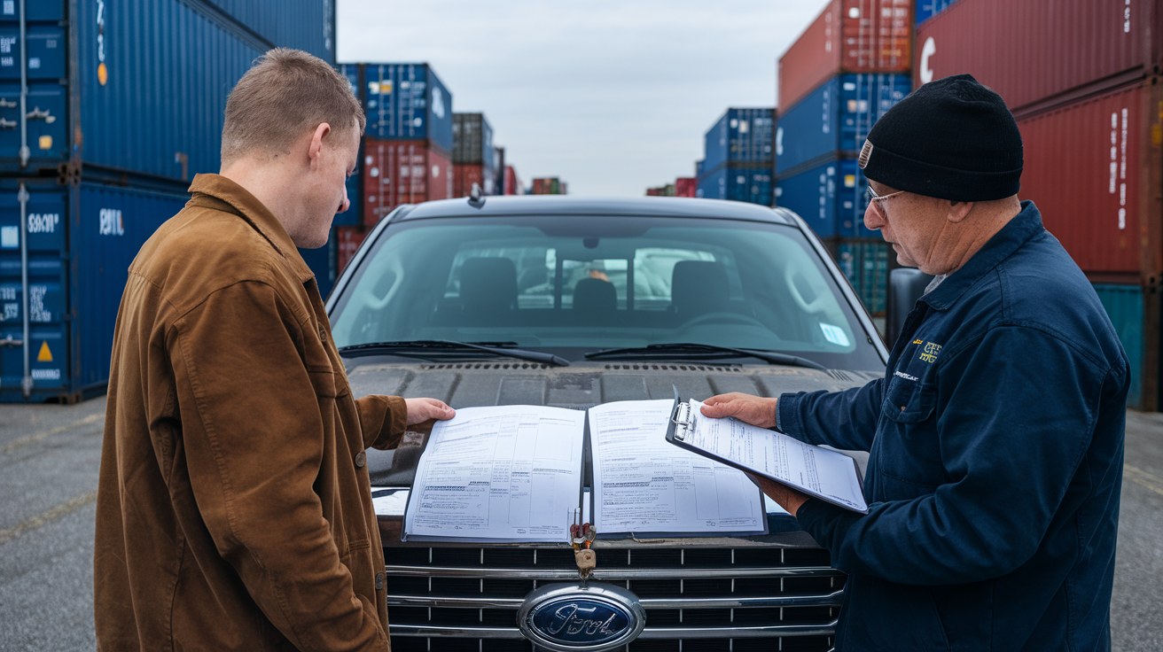 A buyer and a shop estimator reviewing a printed container modification quote on the hood of a truck in a container yard.