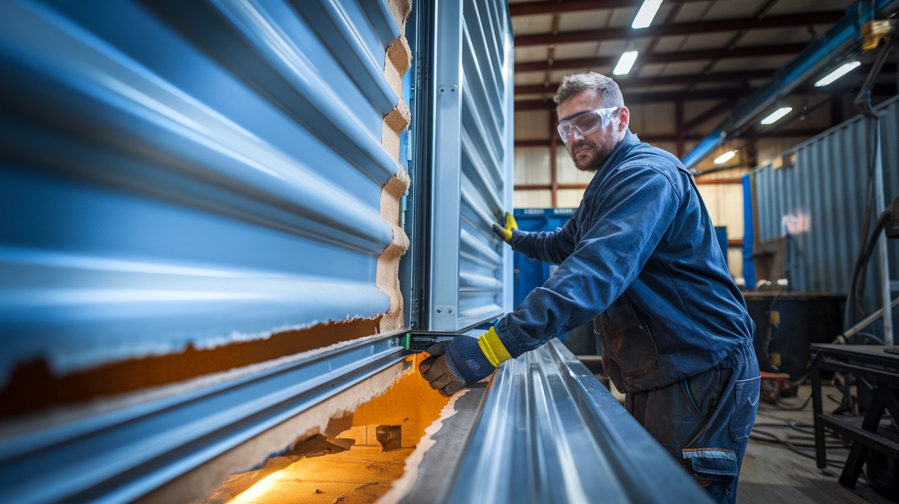 A fabricator installing a steel roll-up door frame into the side wall of a 40-foot high-cube shipping container inside a modification shop.