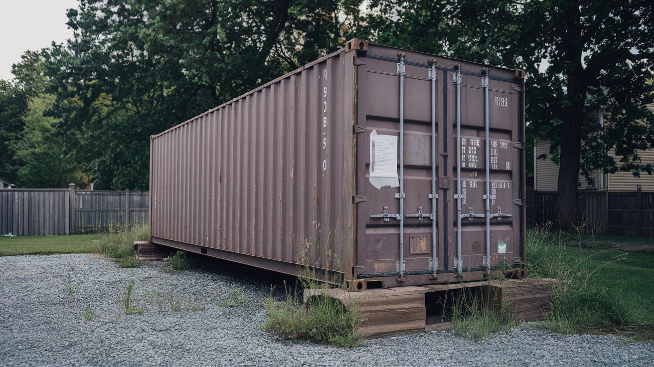 Shipping container placed on a gravel pad at a residential property in late summer, with a code enforcement notice visible on the door.