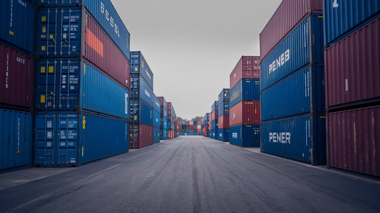 Rows of used cargo-worthy shipping containers stacked two high in a gravel storage yard under overcast skies, with visible surface weathering.