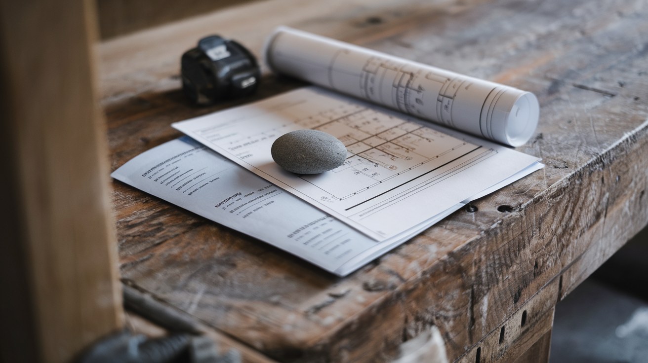 A rolled site drawing, a printed container specification sheet, a folded quote weighted by a river stone, and a closed steel tape measure on a wooden workbench in afternoon light.