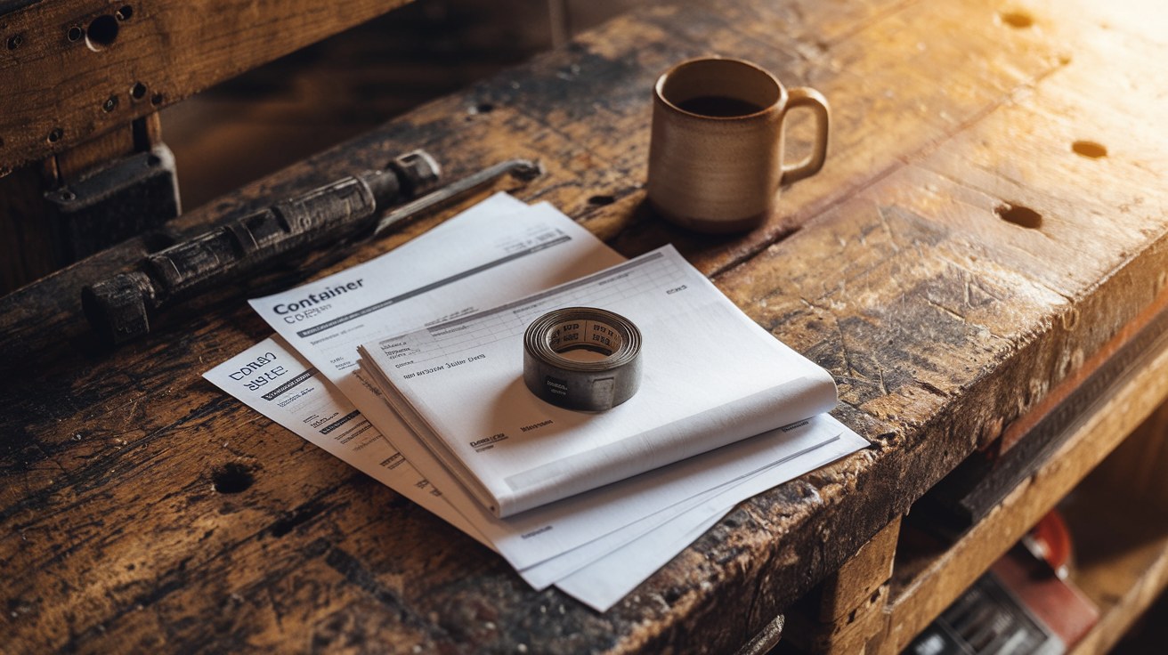 A printed container specification sheet, a folded delivery quote, and a closed steel tape measure resting on a wooden workbench in warm afternoon light.