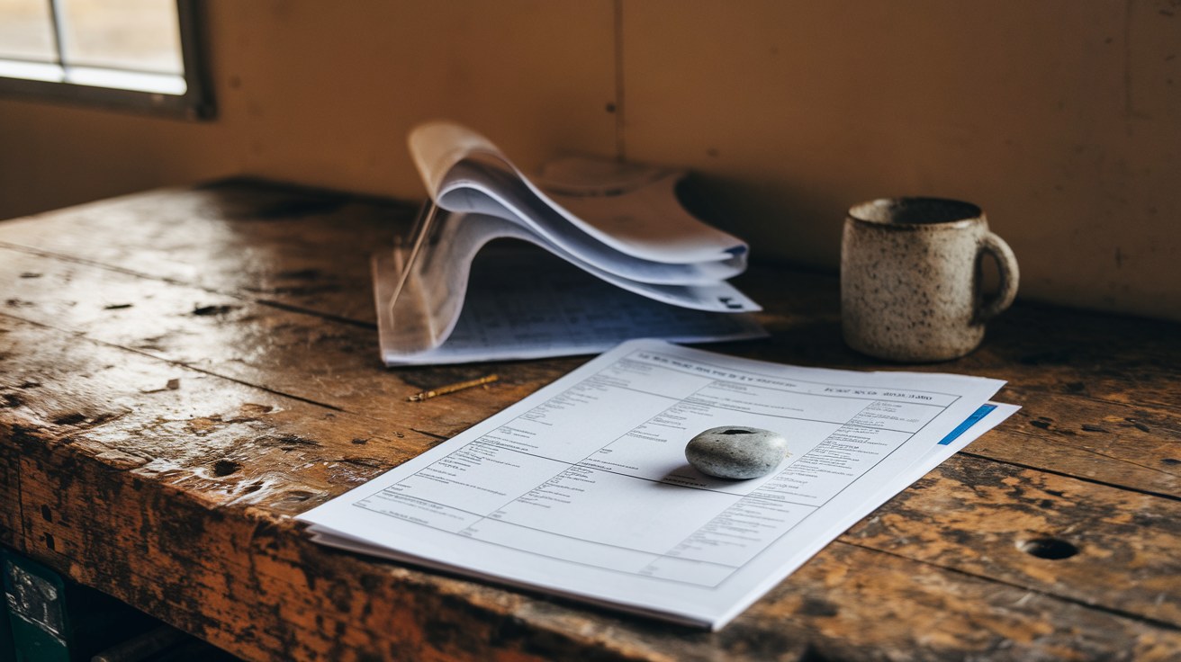 A printed container spec sheet and folded paperwork resting on a wooden workbench under warm afternoon light, weighted by a smooth river stone.