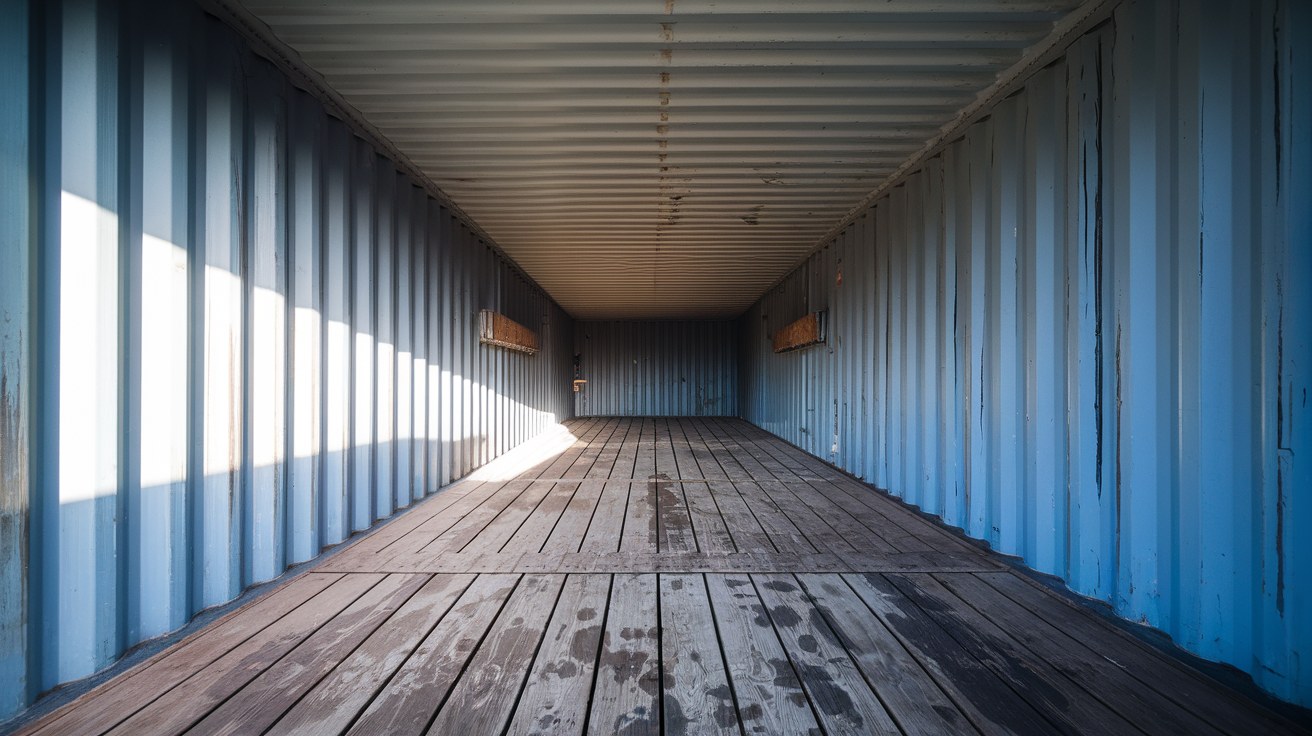 The empty interior of a shipping container with a marine plywood floor showing faint damp spots beneath the roof corrugations, morning light entering through open doors.