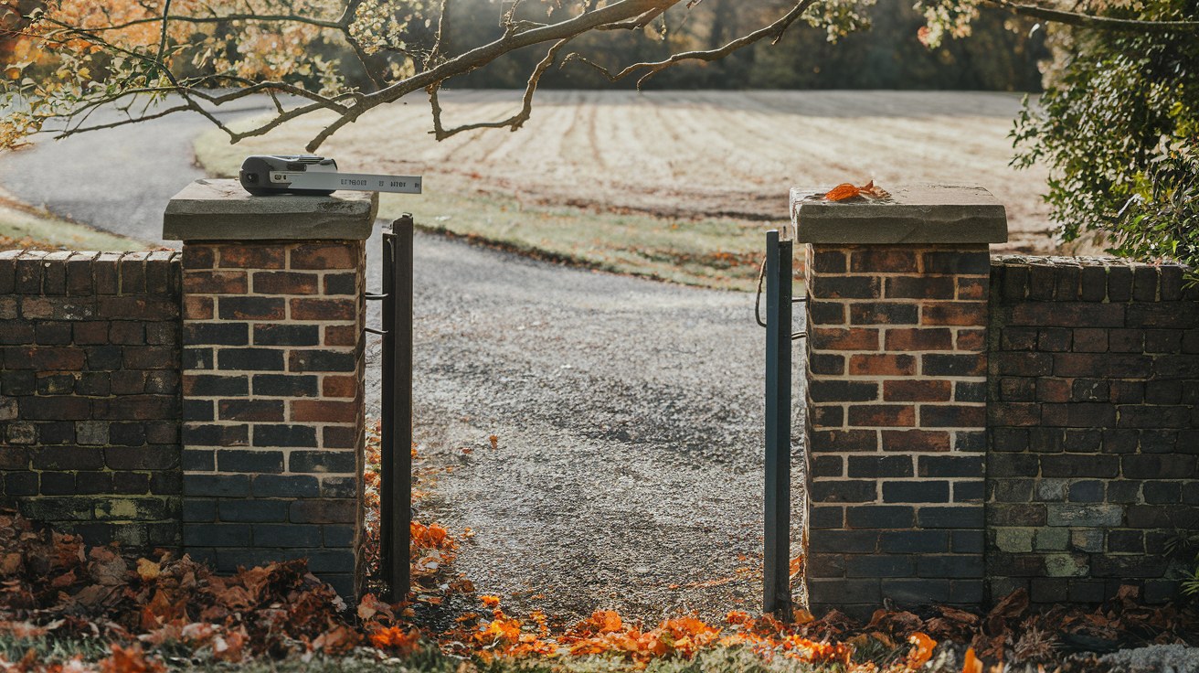 A narrow residential gate opening between two brick pillars with a closed steel tape measure resting on a pillar cap and a gravel drive visible beyond.