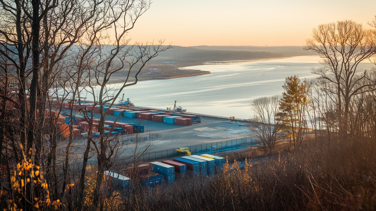 A Northeast coastal industrial landscape seen from a distant hillside at golden hour, with stacked container silhouettes in the middle distance and calm water beyond.