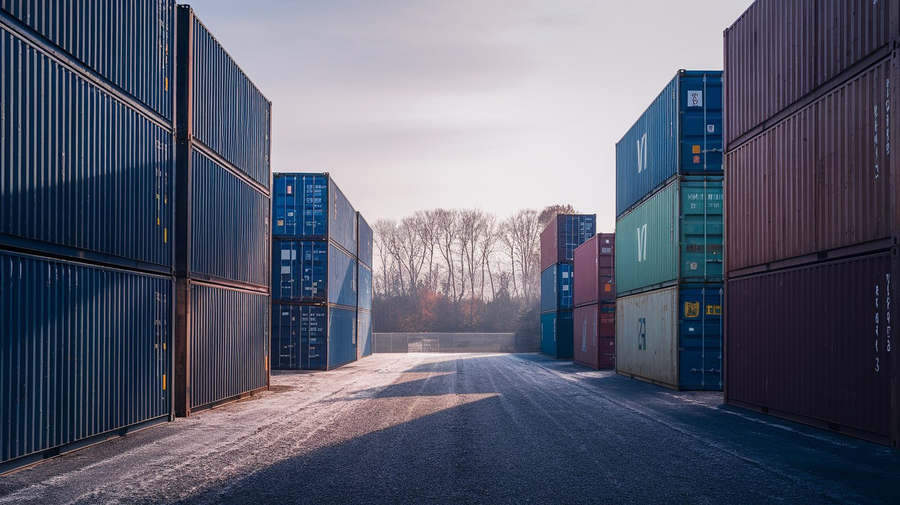 Rows of static stacked shipping containers at a Northeast industrial yard under a low late-autumn sun, bare tree line and frost on the gravel access lane.