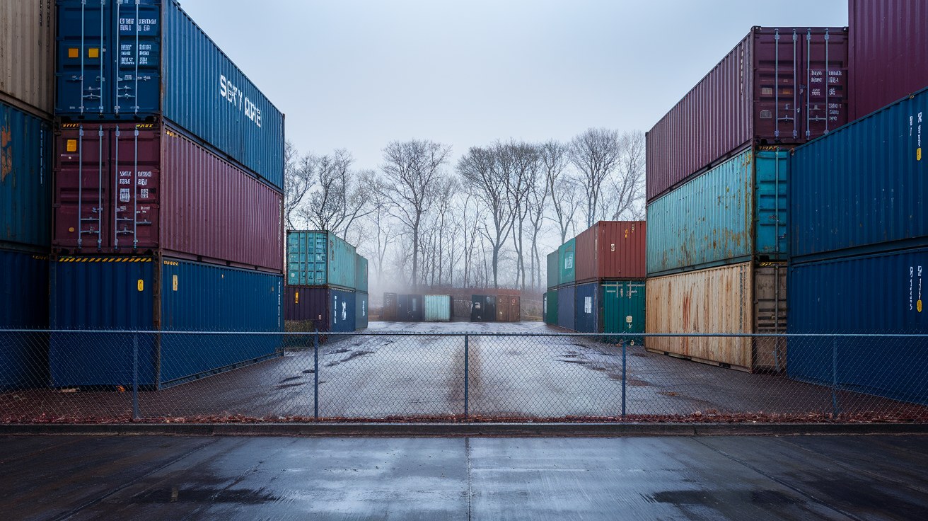 Rows of stacked used shipping containers in weathered blue, red and green at a Northeast industrial yard at dawn, low ground fog behind a chain-link perimeter fence.