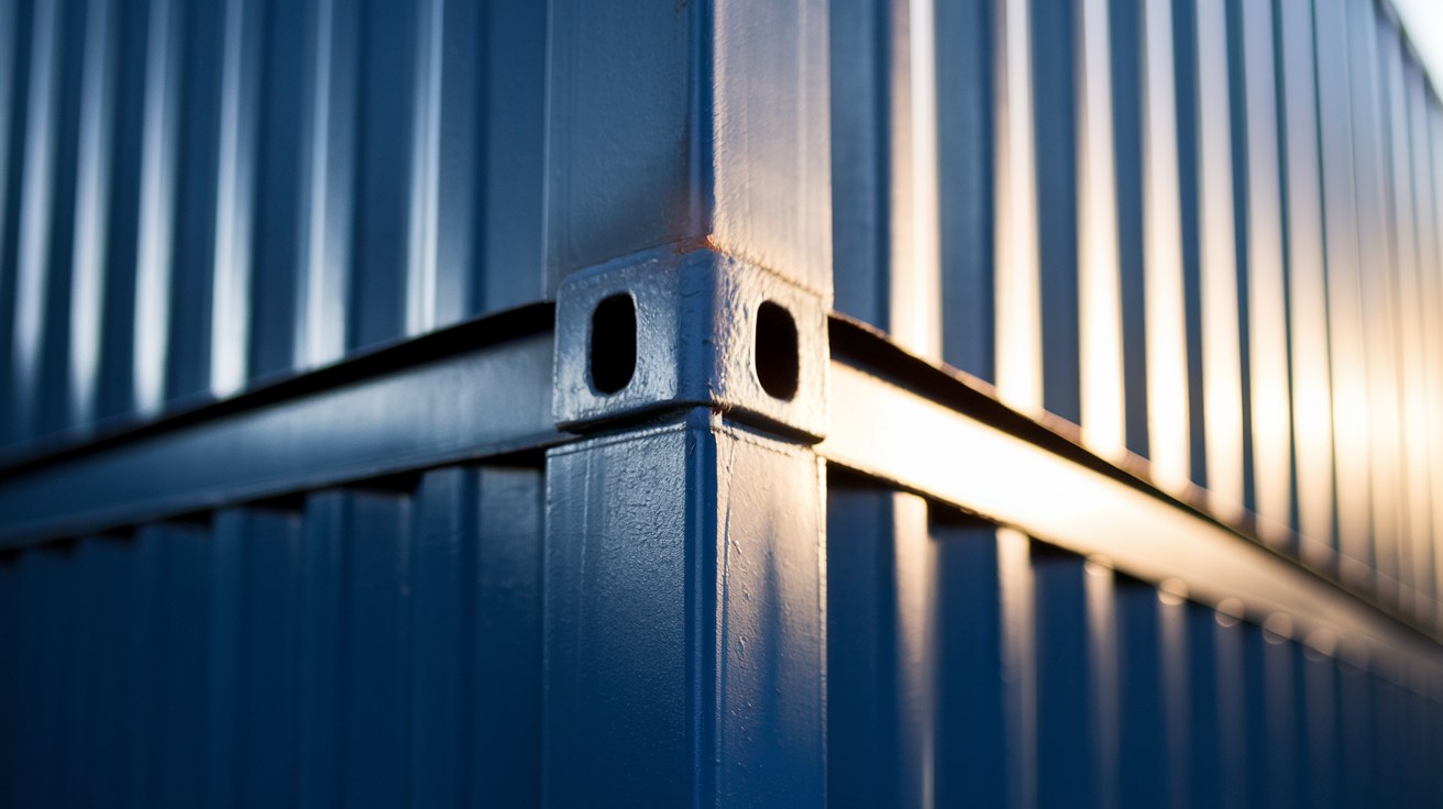 Close-up of the corrugated corten steel side wall and welded corner post of a dark blue one-trip shipping container in raking afternoon light.