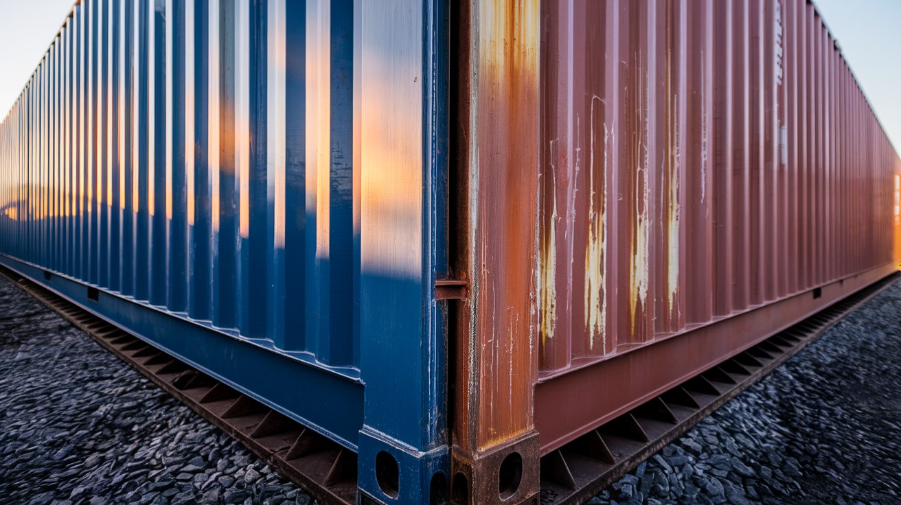 Close-up of two shipping container side walls meeting at a corner post, one with crisp factory-fresh dark blue paint and one with decades of rust patina and paint fade.