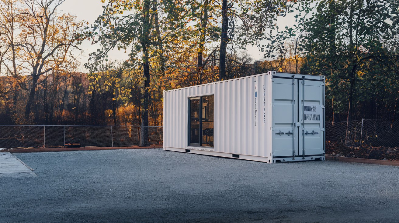 A single white shipping container converted into a job-site office, sitting static on a gravel construction lot with autumn trees behind it, no vehicles or people in frame.