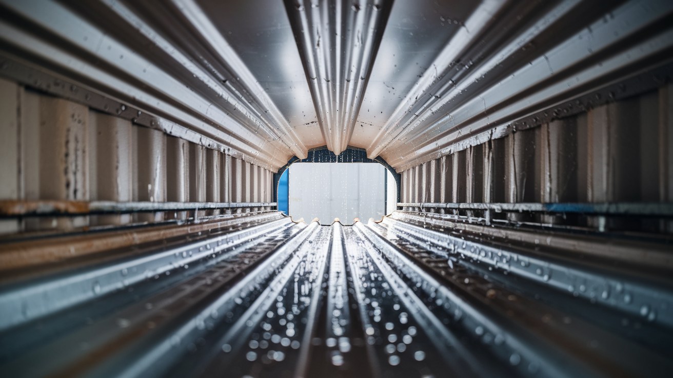 Close-up of water droplets beaded along the underside of a corrugated steel shipping container roof, lit by soft daylight from an open door.