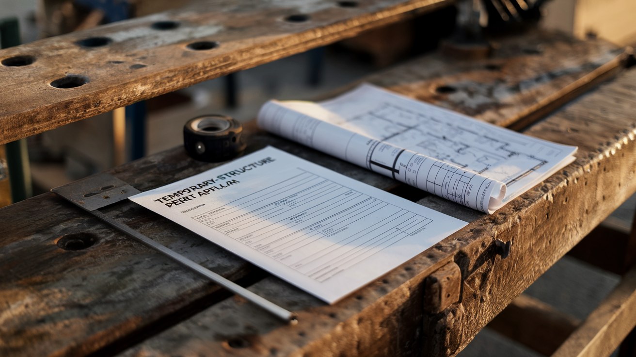 A printed temporary structure permit application and a folded site plan resting on a wooden workbench, morning light, no people or tools in frame.