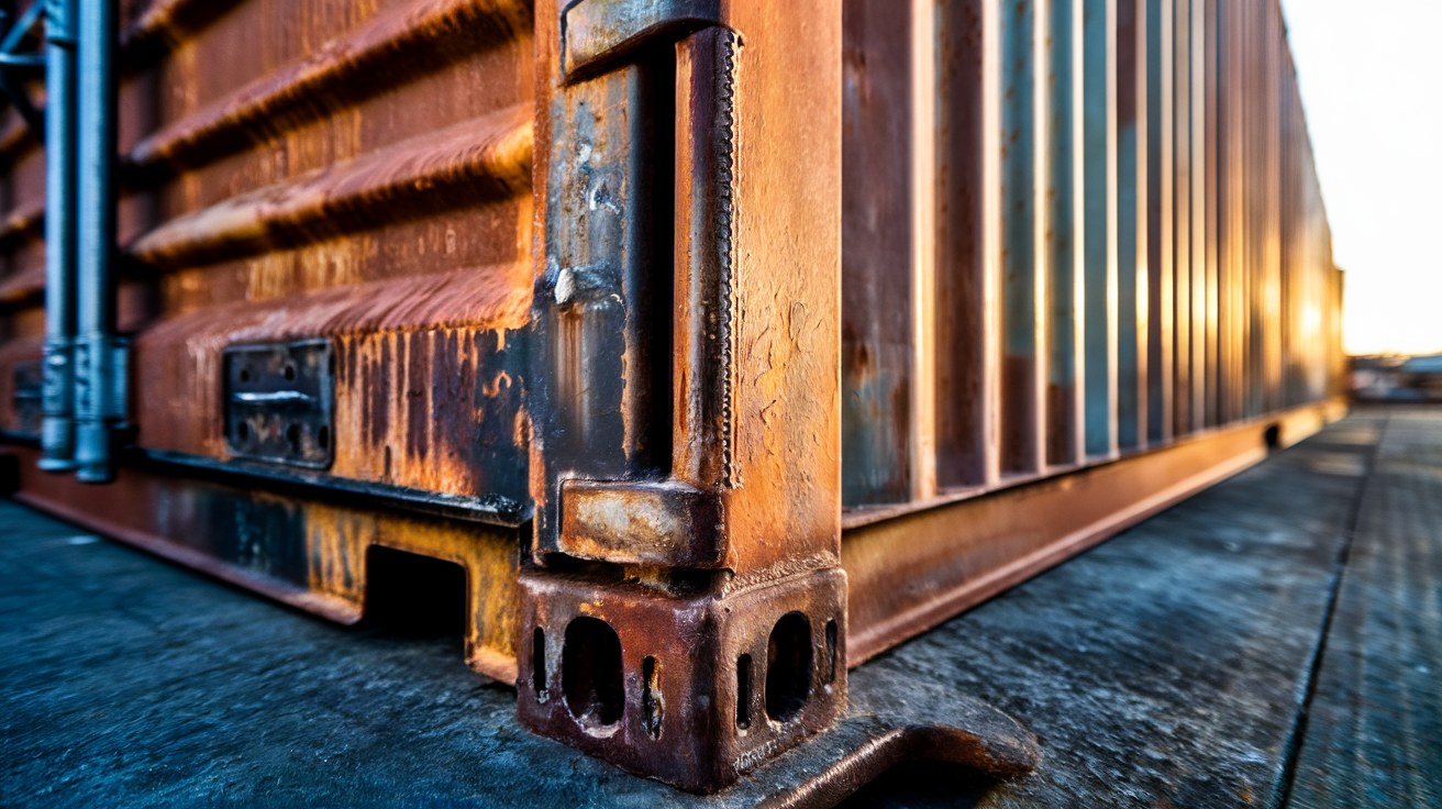 Close-up of a weathered steel corner casting and corrugated side panel on a used shipping container, rust patina visible in raking afternoon light.