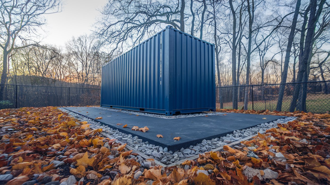 A single dark blue one-trip shipping container standing level on a compacted gravel pad with fallen autumn leaves in a Northeast backyard, no vehicles or people in frame.