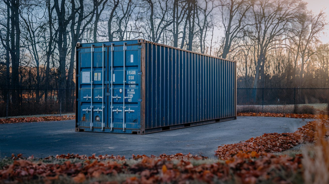A single dark blue one-trip shipping container with a weathered corrugated steel side wall standing static on a gravel pad in a Northeast yard in soft autumn light, no vehicles or people in frame.