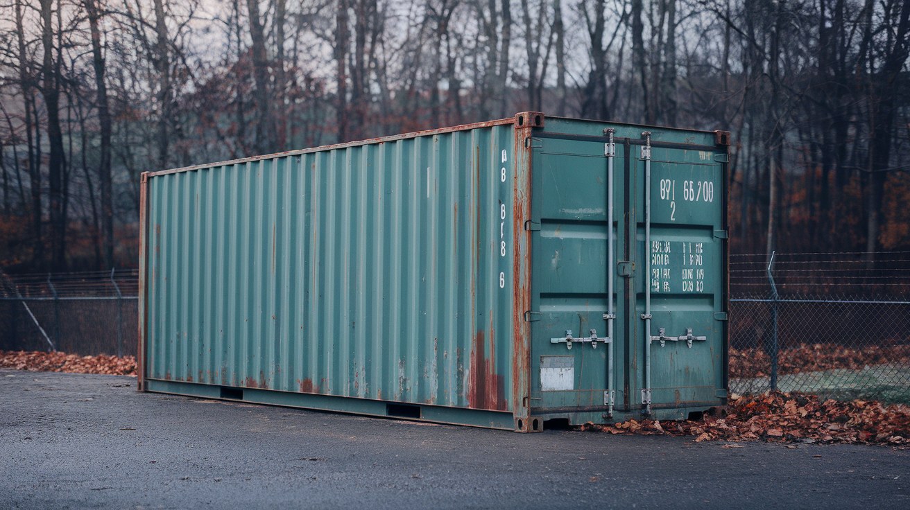 A single weathered green used shipping container standing level on a gravel yard in the Northeast on an autumn morning, no vehicles or people in frame.