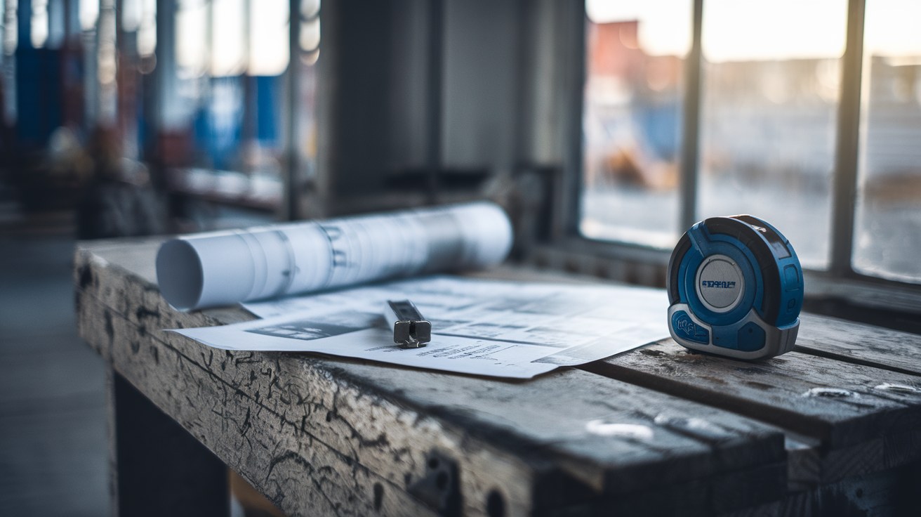 A rolled site drawing, a printed container spec sheet, and a steel tape measure resting on a weathered wooden workbench in soft afternoon light, no people or tools in use.