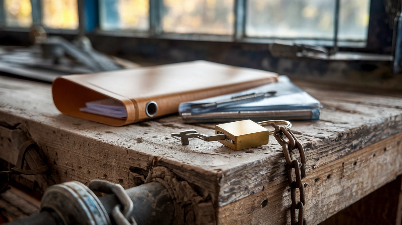 A closed manila folder, a folded site plan, a steel tape measure, and a brass padlock on a wooden workbench in low autumn light, no people or tools in use.
