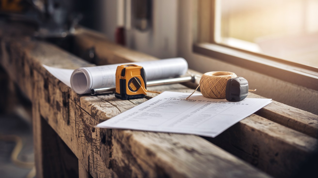 A folded site plan, a steel tape measure, a ball of mason string, and a printed permit checklist on a weathered wooden workbench in soft afternoon light, no people or tools in use.