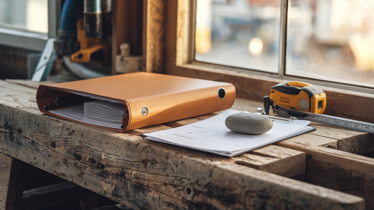 A closed manila folder, a folded site plan, a steel tape measure, and a printed quote weighted by a smooth river stone on a wooden workbench in soft afternoon light, no people or tools in use.