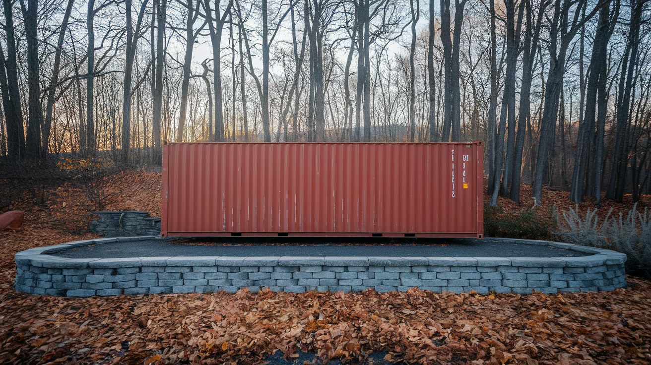 A weathered oxide-red used 20-foot shipping container standing on a level gravel pad at the edge of a Northeast yard in late autumn, no vehicles or people in frame.